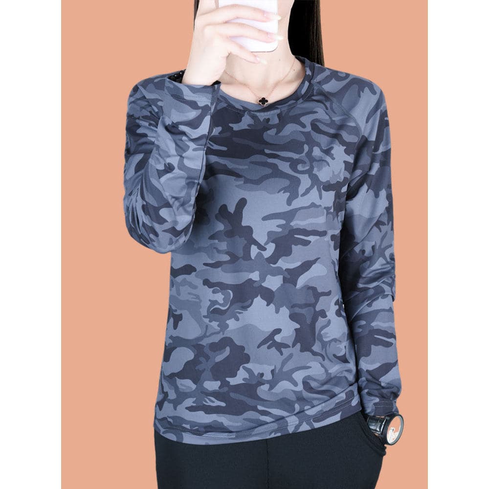 Woodpecker camuflagem manga comprida camiseta feminina primavera outono estilo fino tamanho grande solto em torno do pes