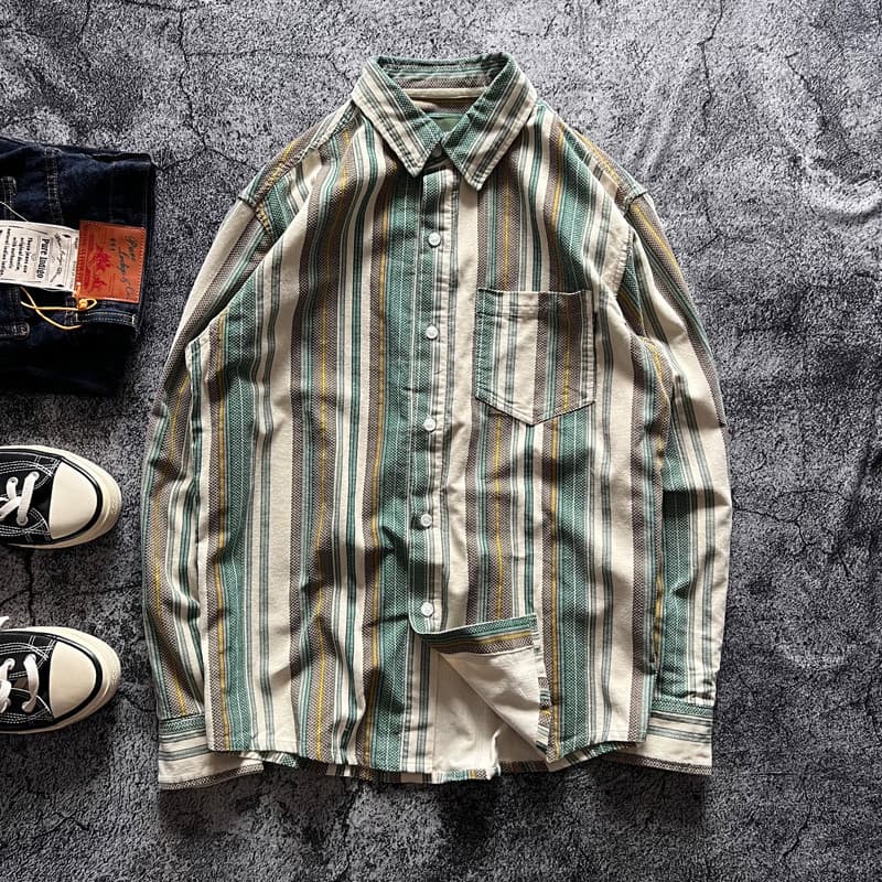 Retro contraste cor japonês bolso masculino ferramentas veludo algodão listrado solto camisa de manga comprida camisa Ca