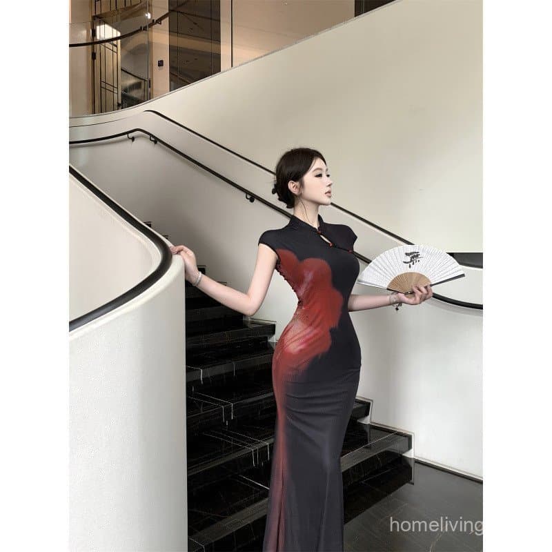 Novo vestido cheongsam estampado estilo chinês, ajustado à cintura e de corte justo, vestido lápis elegante para mulhere