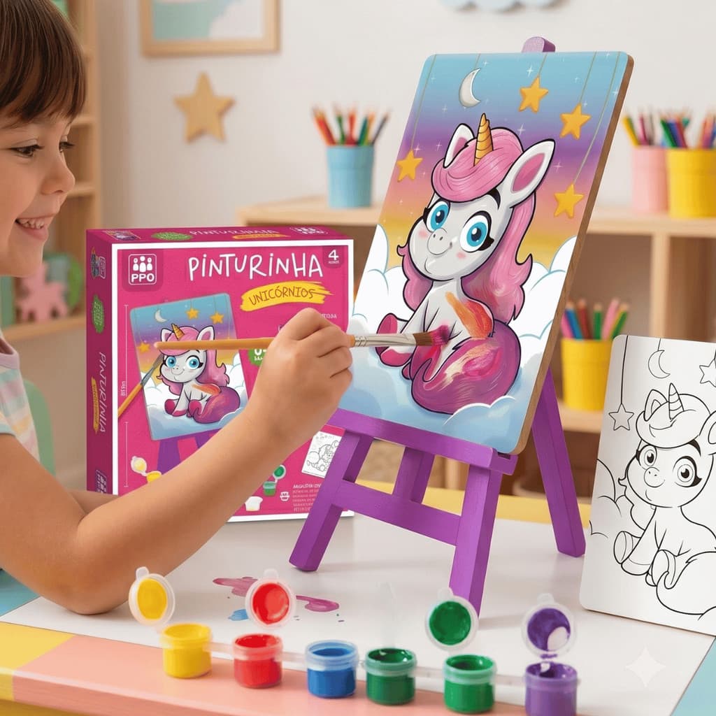 Kit Pintura Unicórnios C/ Telas Tintas Cavalete Pincel Kids