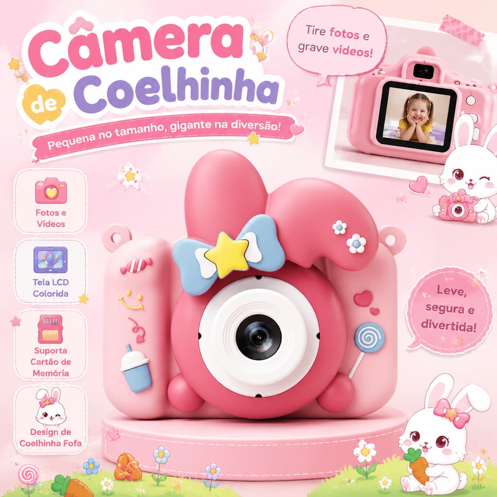 Câmera Infantil Pink Bunny 1080p HD Com Tela LCD E Fotos Vídeos Design Fofo