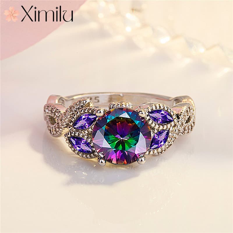 ⭐ Criativo venda quente requintado roxo diamante cavalo olho anel de pedra colorida banhado a prata jóias femininas