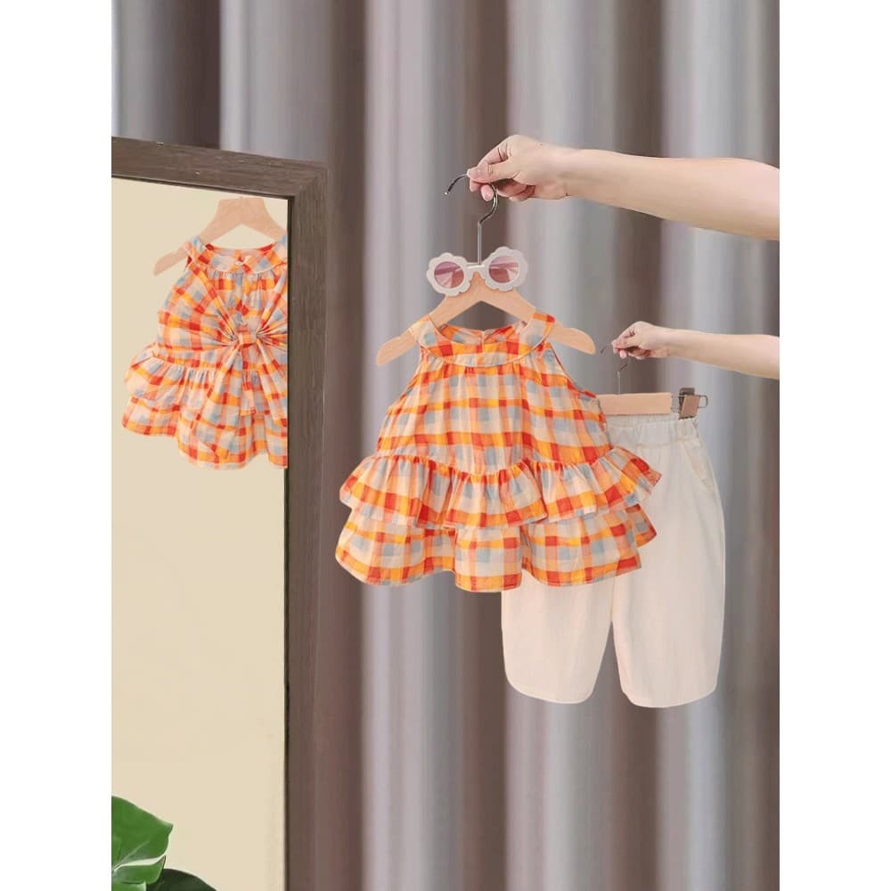 Meninas terno roupas de verão 2026 novo estilo moda menina bebê princesa sem mangas topo calças cortadas das crianças ro