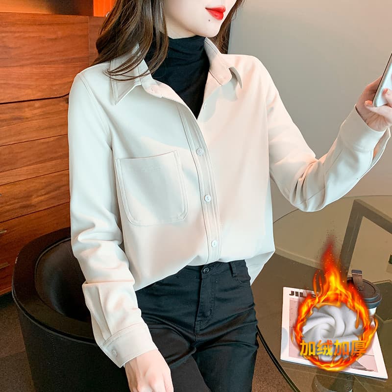 Camisa de veludo em camadas feminina manga comprida Retro hong kong sabor 2026 outono inverno mais veludo engrossado est