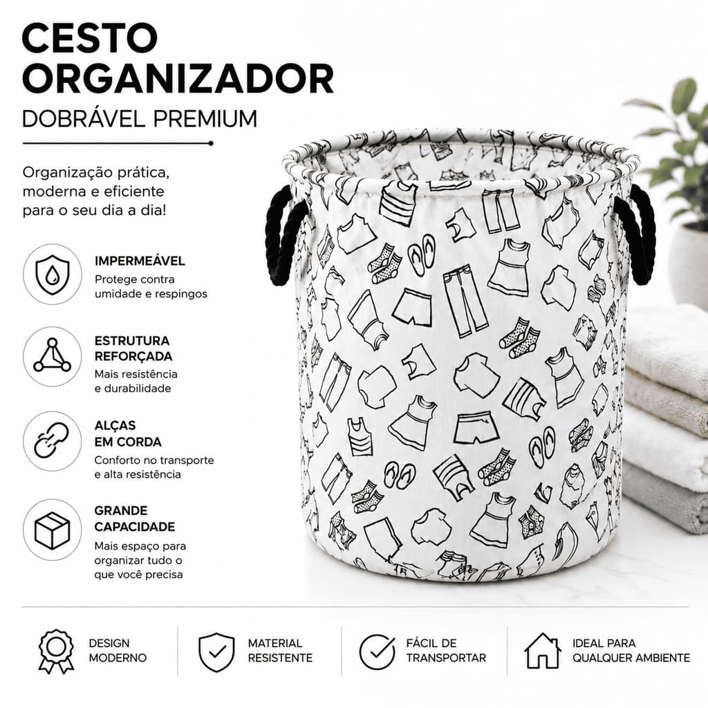 Cesto Para Roupas Dobrável Impermeável Grande Organizador Multiuso Com Alças Reforçadas