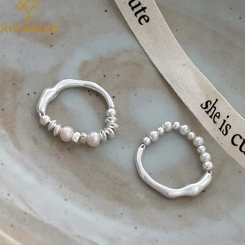 XIYANIKE Anéis de Pérolas com Cordão Elástico Assimétrico para Mulheres e Meninas, Joias de Luxo em Estilo Coreano, Pres