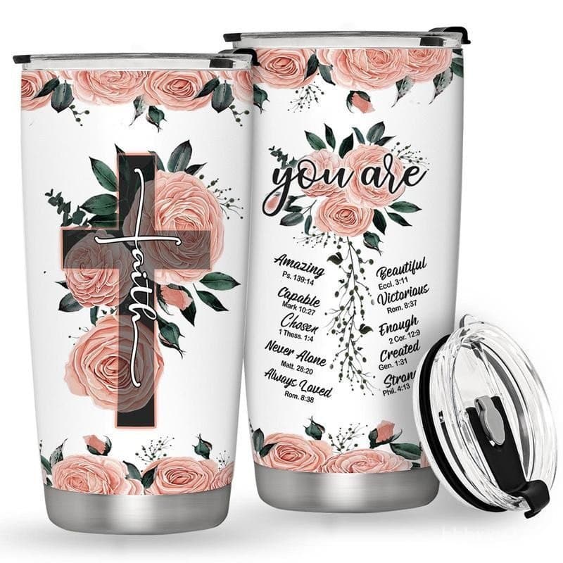 Copo com Padrão Floral e de Cruz com Tampa, 1 Unidade, 20oz, Copo com Versículos Bíblicos e Cruz da Fé, Presente Inspira