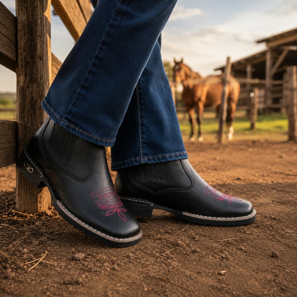 Botina Texana Feminina Boiadeira Couro Eco Premium Bordado Rosa Country Rodeio Festa Sertaneja