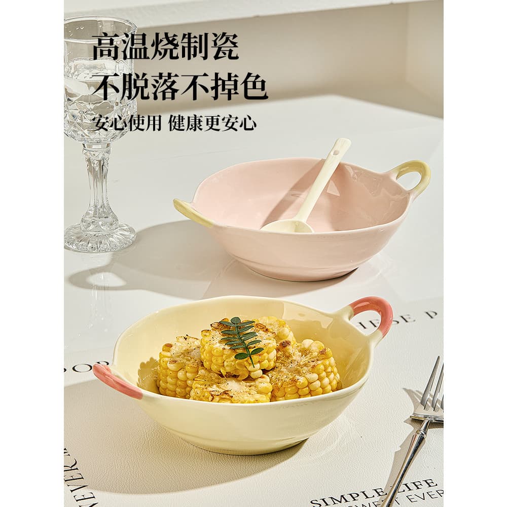 Tigela de orelha dupla estilo creme, tigela de sopa doméstica 2025, novo estilo, tigela de macarrão instantâneo, especia
