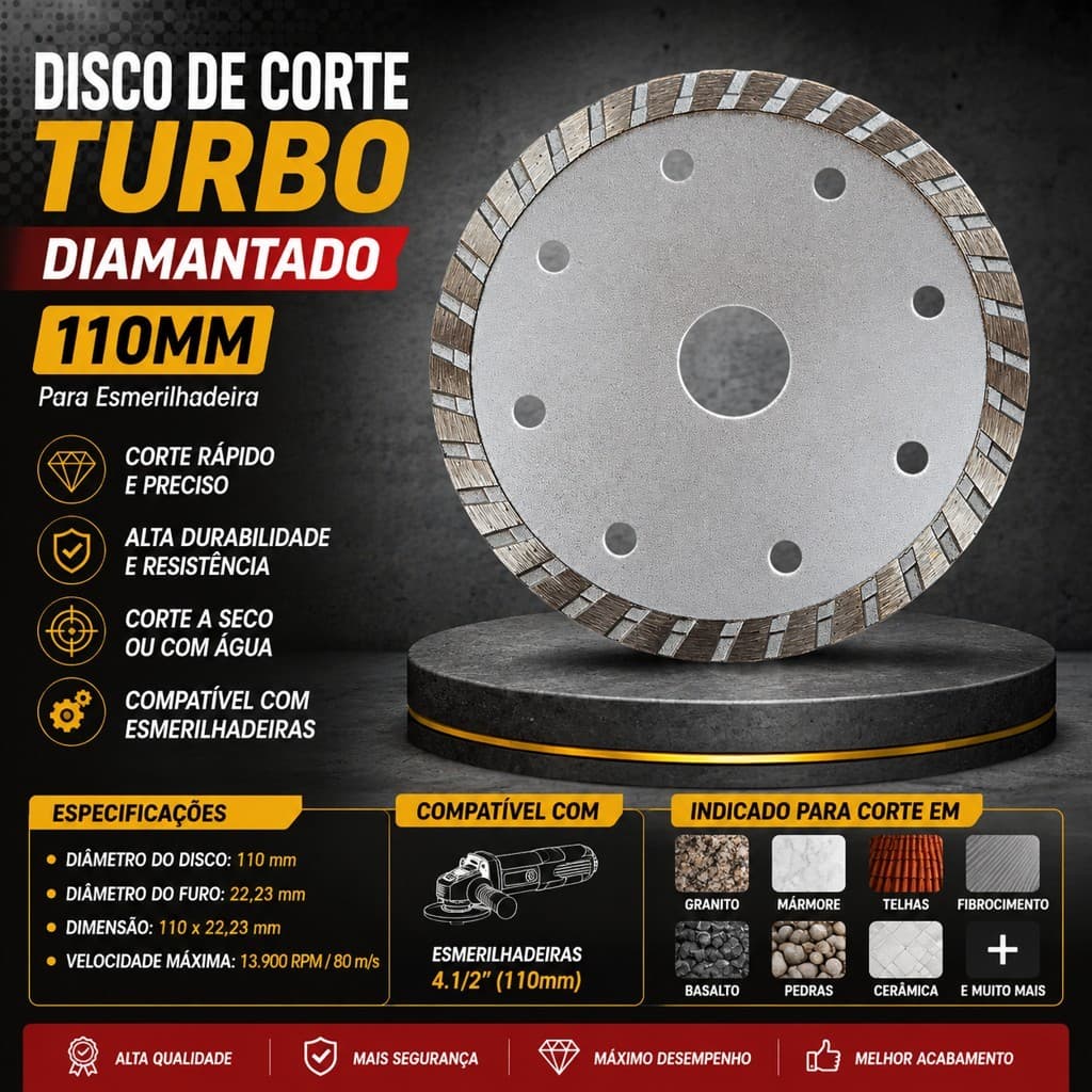 Disco Diamantado Turbo 110mm x 22,23mm Corte Granito Concreto Cerâmica Esmerilhadeira