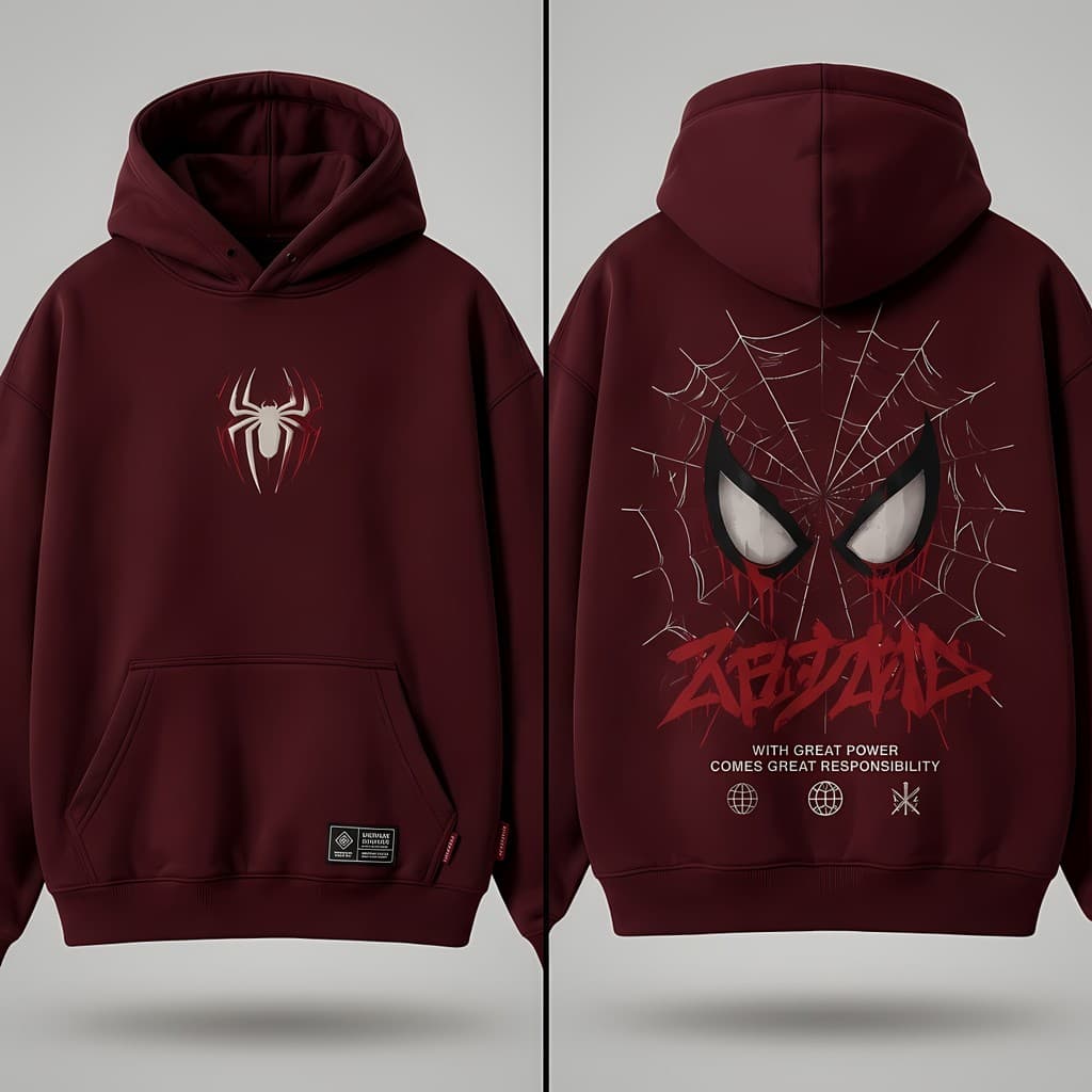 Blusa Moletom Canguru Bordô Estampa New Day Aranha Com Capuz Frente e Costas Streetwear Unissex