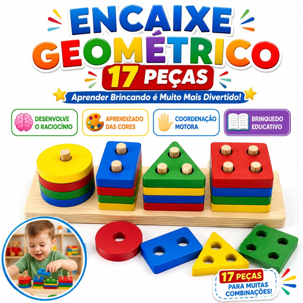 Brinquedo Educativo Encaixe Geométrico Madeira 17 Peças Montessori Coordenação Motora Infantil