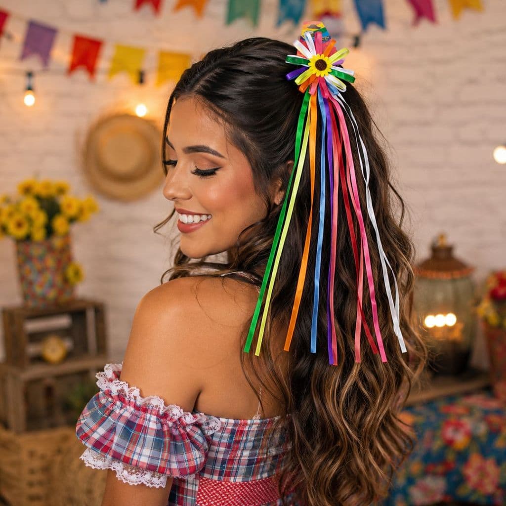 Laço Junino Girassol com Fitas Coloridas Acessório de Cabelo