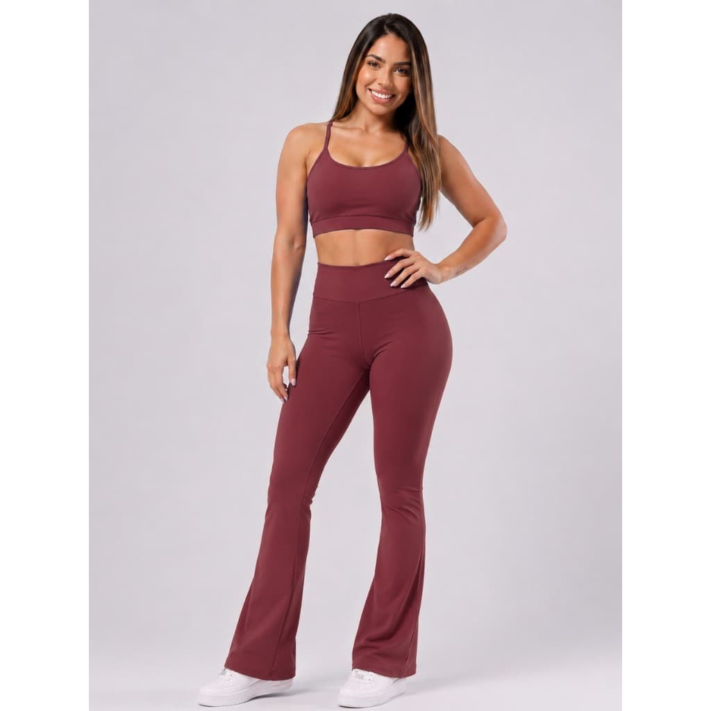 Conjunto Fitness Bailarina Academia Top alcinha forrado Legging Flare Suplex Zero Transparência Feminina