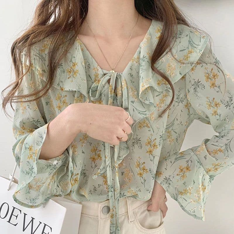 Primavera verão novo estilo estilo ocidental babados verde pequeno fresco Chiffon solto rendas camisa blusa manga longa