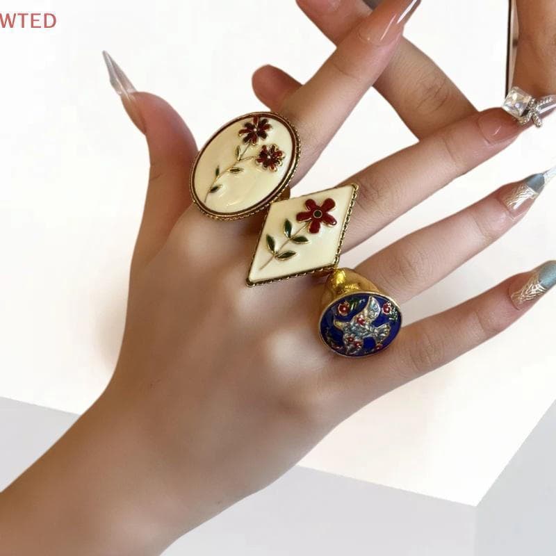 TB5A Anel Geométrico Aberto Elegante Floral Personalizado, Joia Vintage de Luxo com Esmalte, Formato Oval Wted EUMI
