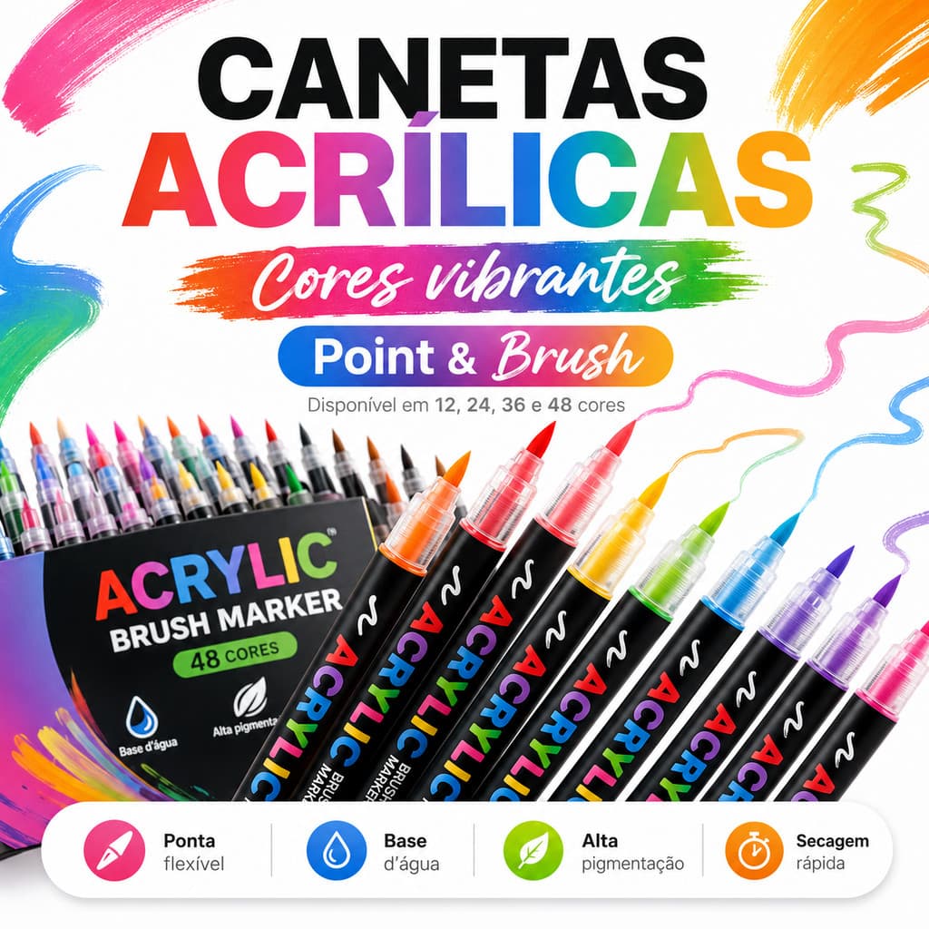 Caneta Marcadora Acrílica Pincel Artístico 12/24/36/48 Cores Vibrantes para Desenho e Pintura DIY