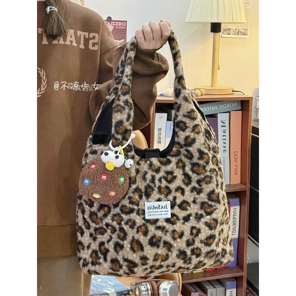Outono inverno leopardo impressão Retro bolsa de ombro japonês Harajuku grande capacidade de pelúcia Commuter saco Casua