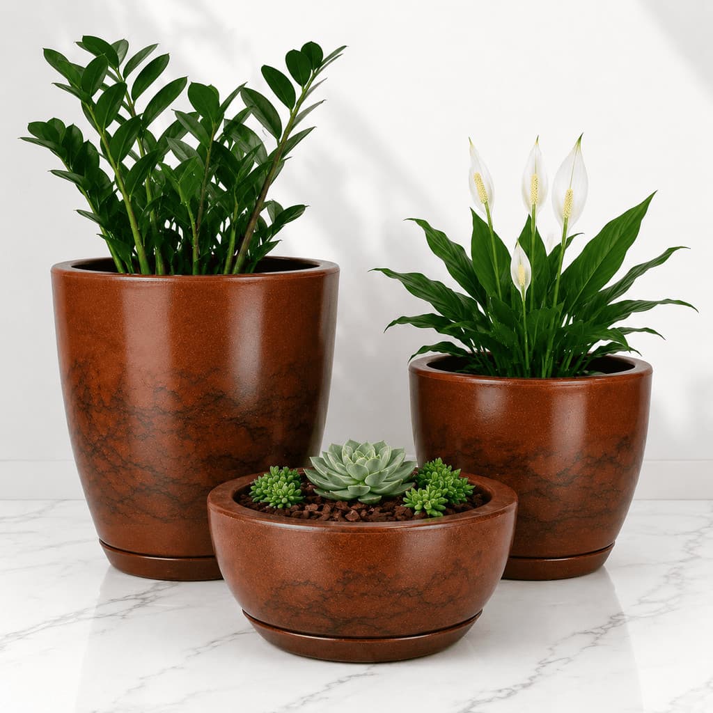 Kit 3 Vasos para Plantas Decorativos Cone Bojo Bacia Liso Polido Marmorizado com Prato