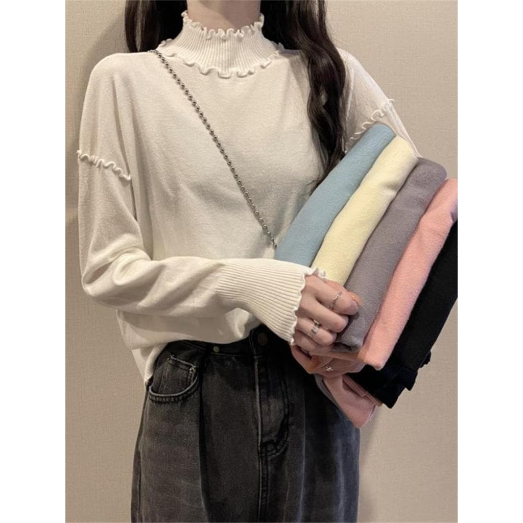 Branco fungo borda meia gola alta de malha camisa de fundo feminino outono inverno casaco interior camisola superior man
