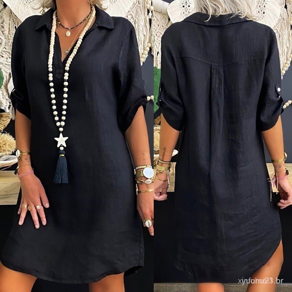 Feminino Casual Solto Plus Size Cor Sólida Manga Curta Vestidos De Verão EB6U YVYH