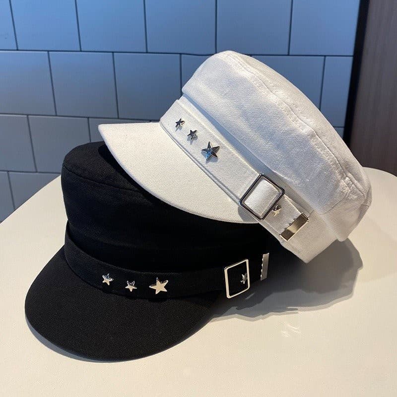 MR.YE Novo Chapéu de Algodão Feminino, Béret Retro Britânico, Design Estilo Militar, Azul Marinho com Logo de Estrela Pr
