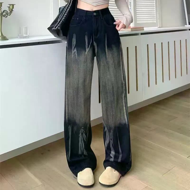 Angustiado contraste cor verão estilo americano Tie-Dye não estiramento cintura alta jeans de perna larga mais magro olh