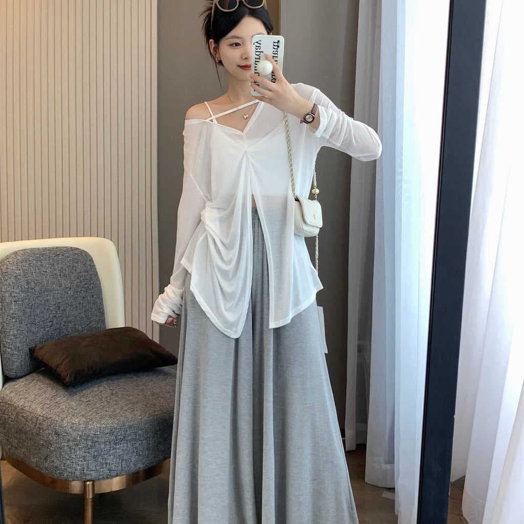 Camisa de ar condicionado de seda gelo verão estilo chinês novo estilo chinês protetor solar camisa feminina manga compr