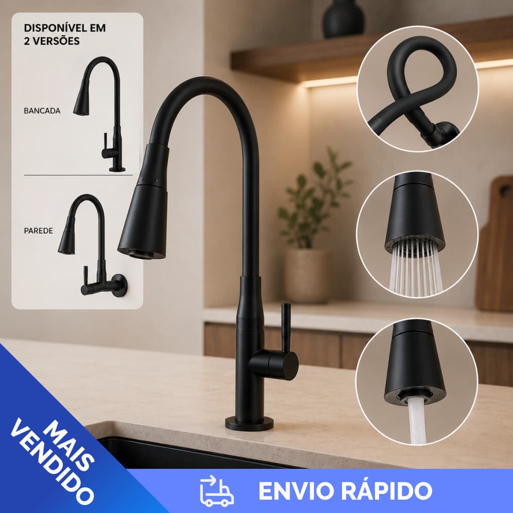 Torneira Cozinha Gourmet Preta Flexivel 2 Jatos 1/4 de volta para mesa pia bancada e mármore