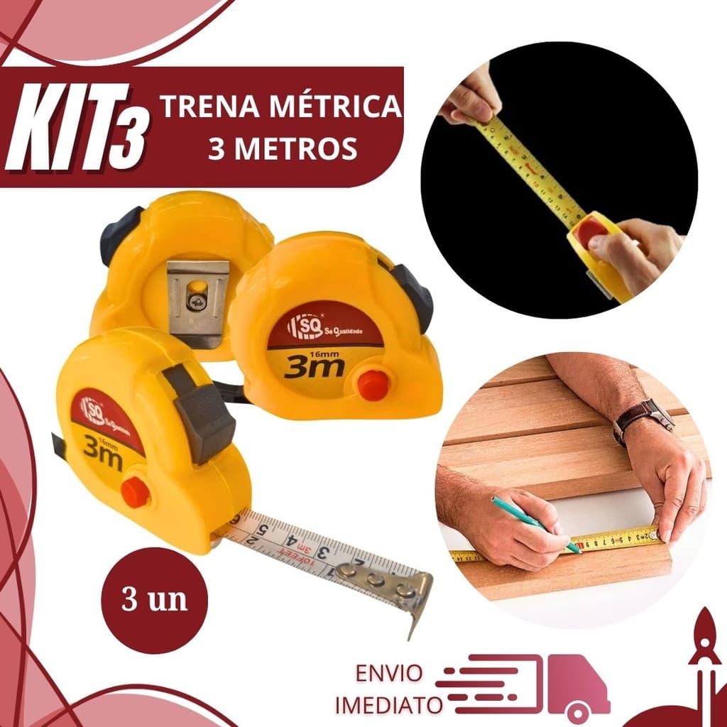 Kit 3,2 ou 1 Kit Trena de Medição 3 Metros Profissional Fita Métrica com Clip e Trava Para Obras Reformas