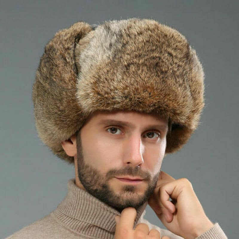 Chapéu Masculino De Pele De Coelho De Inverno Quente Rússia Trapper Earflap Ski Cap