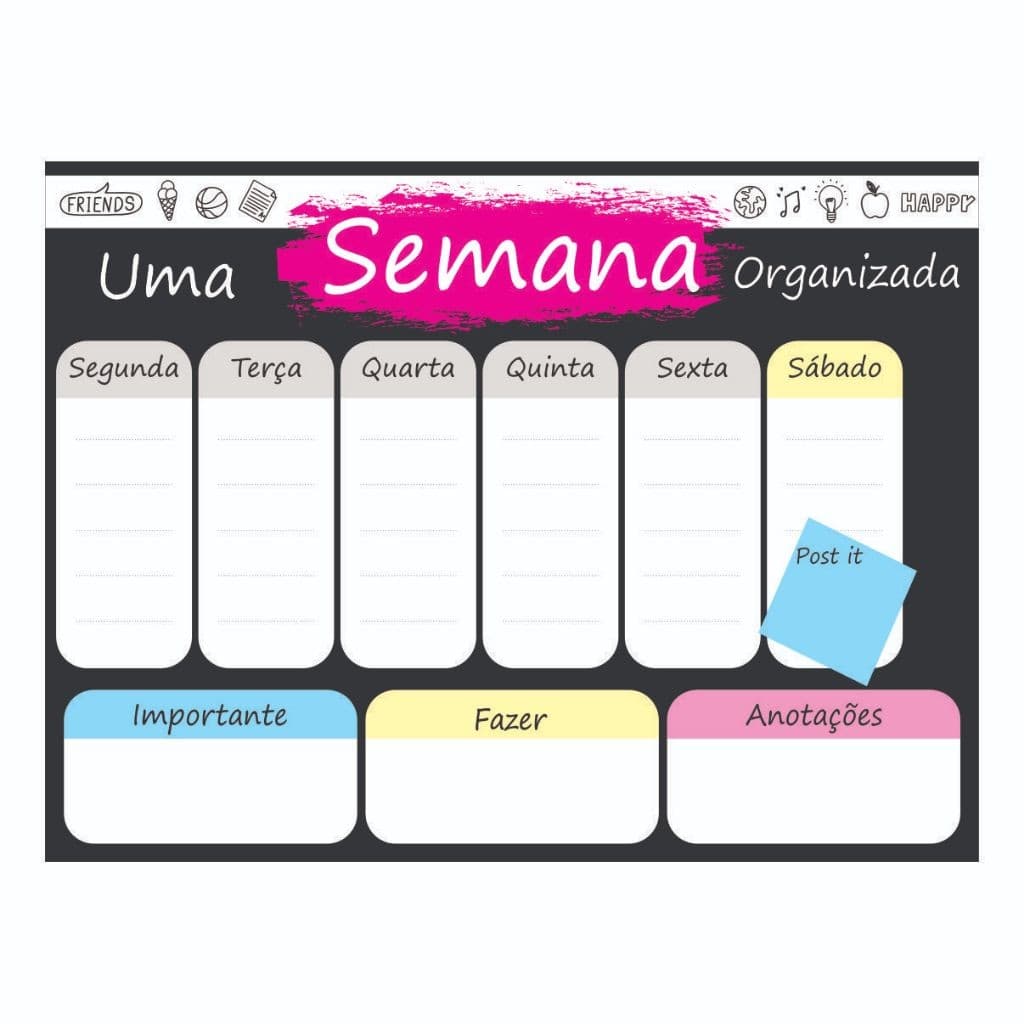 Planner  Lousa Lembrete  Porta Recados Anotação Semanal Mensal Madeira 30x40cm com Dupla face