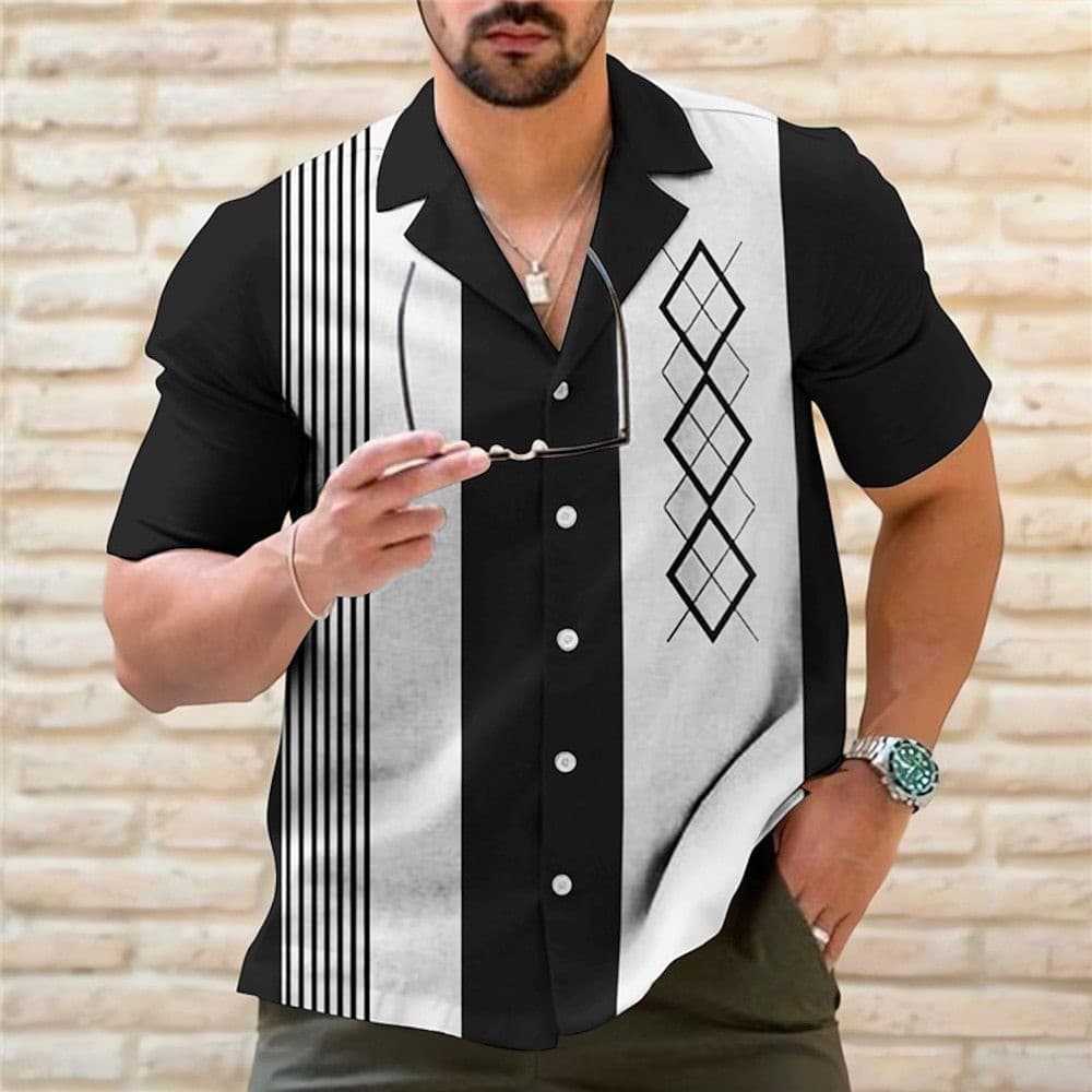 Camisa havaiana masculina de manga curta moda listrada estampa lapela cardigã