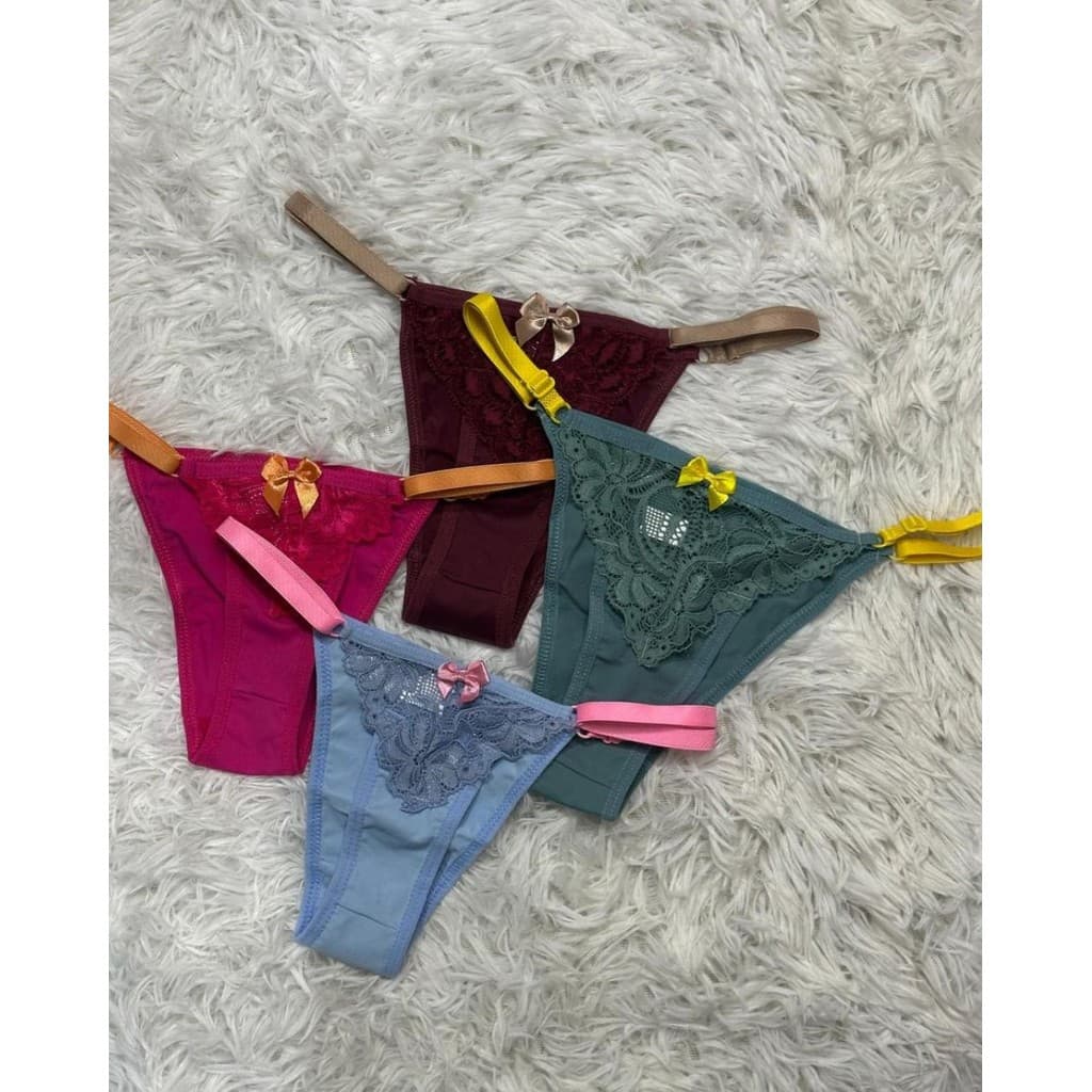 Kit Calcinhas Fio Dental em Renda Sensual em Renda e Regulagem - Tanga Fio Marriete - VR008