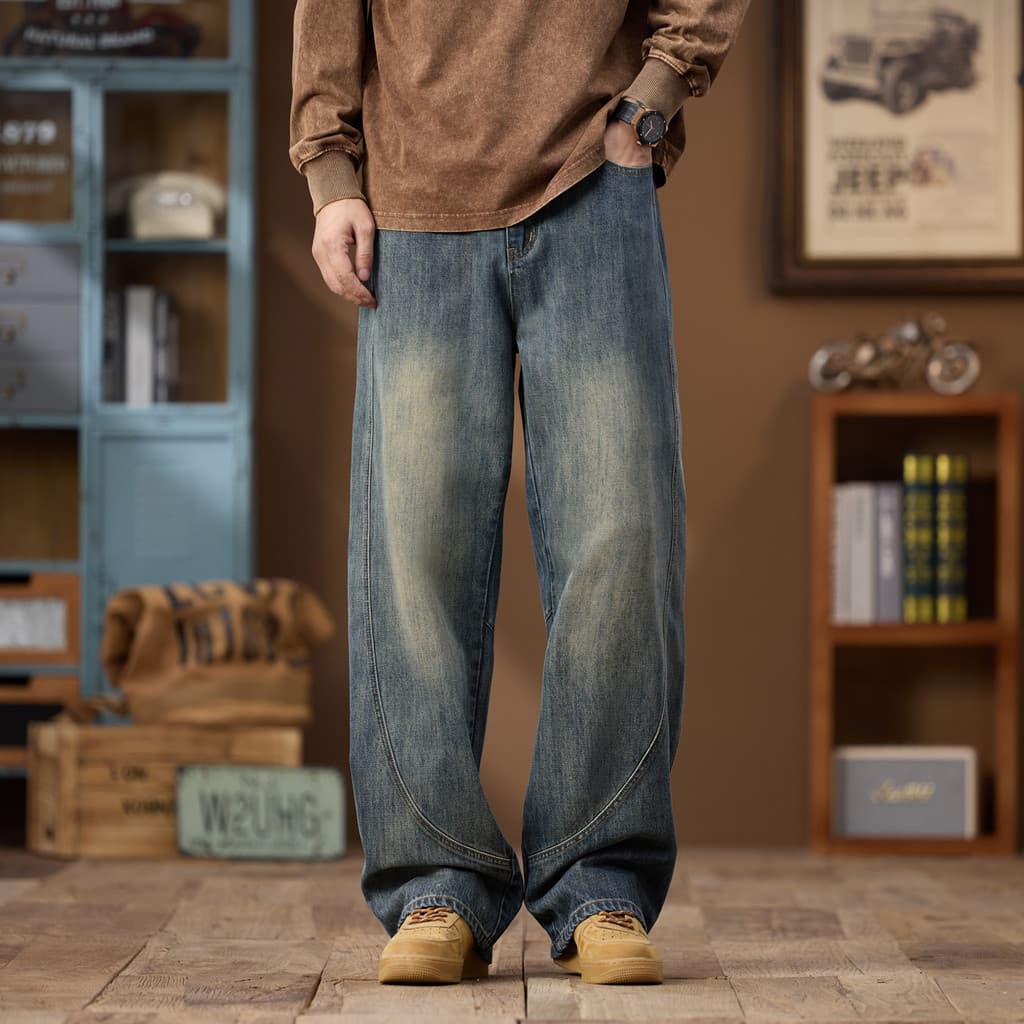Roupas masculinas de tamanho grande outono inverno americano High Street Retro lavado Machete Jeans masculino solto All-