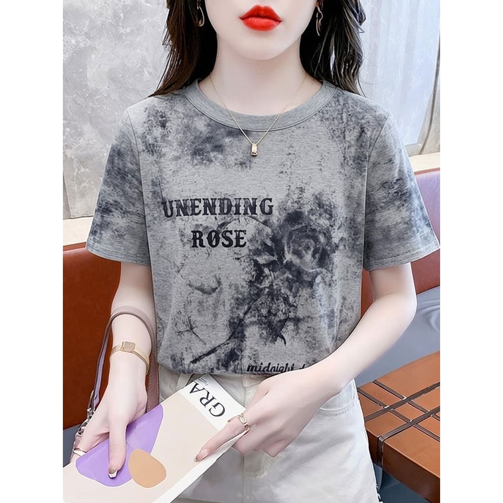 High Street Style Cinza Tie-Dye Impresso Camiseta de Manga Curta Feminina 2026 Novo Estilo Solto Mais Magro Look Top
