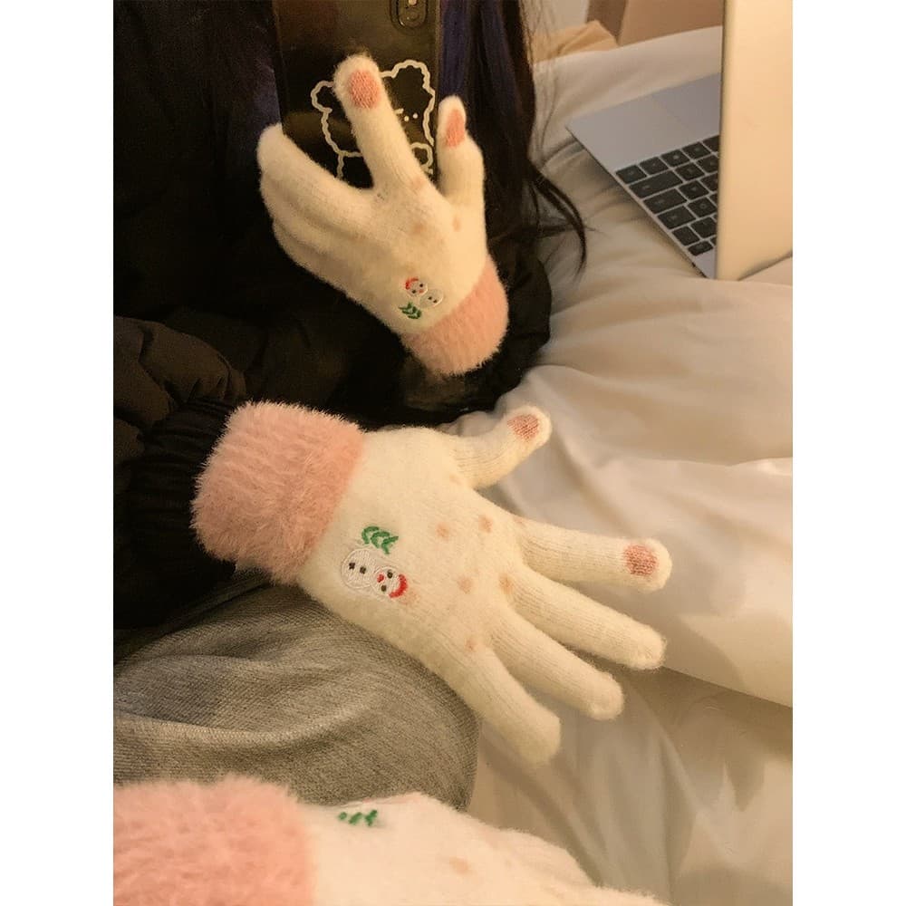 Bonito boneco de neve de natal malha luvas de cinco dedos feminino inverno estudante pelúcia quente engrossado tela sens