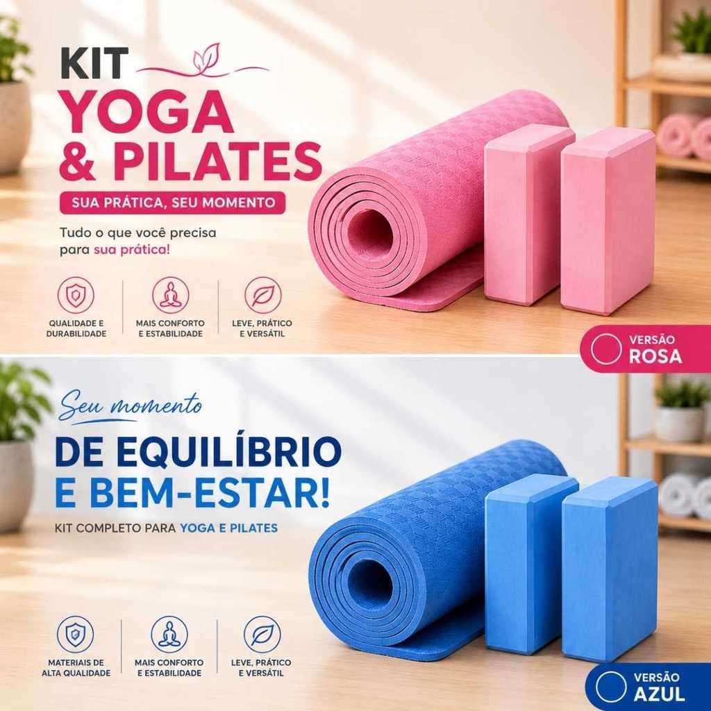 Kit Yoga Funcional Pilates e Alongamento com Tapete  Antiderrapante EVA 2 Blocos Tijolo Fitness