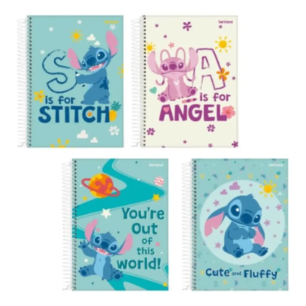 Caderno Espiral Universitário 1 Matéria 80 Folhas Angel e Stitch Starchool fofura e aventura Jandaia