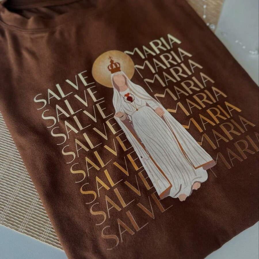 Camisa Salve Maria Nossa senhora religiosa básica marrom  Tecido
