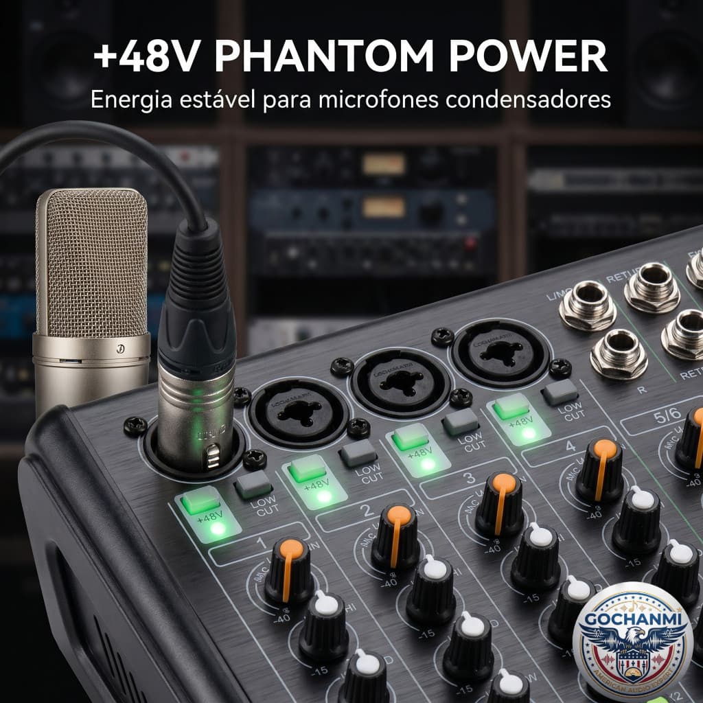Mesa Mixer GOCHANMI M6 6 Canais Entrada XLR USB Bluetooth Reverb