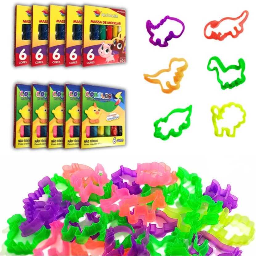 Kit 30 Unidades de Massinha de Modelar 65g Alcalex 5 Cx + 30 Cortador Forminha Molde Kit Festa Lembrancinha Criança