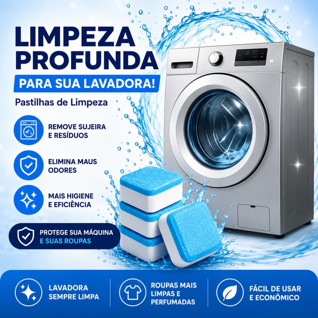 Pastilhas Limpeza Profunda para Máquina de Lavar Kit 12/24/36 - Elimina Odores