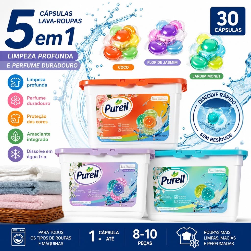 30 Cápsulas Lava Roupas 5 em 1 Limpeza Profunda Perfume Duradouro Pureil