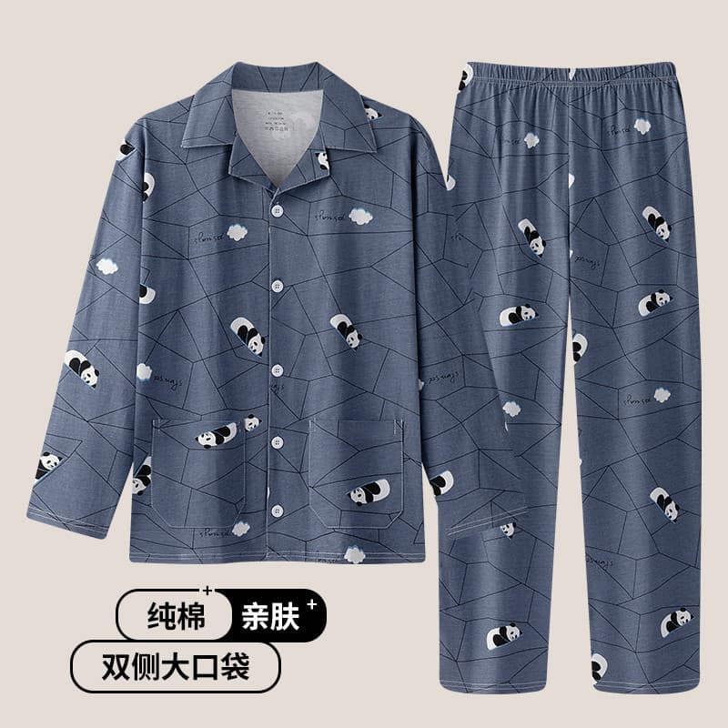 Pijamas de meia-idade masculinos de algodão puro calças de manga comprida calças de pijama finas idosos de meia-idade