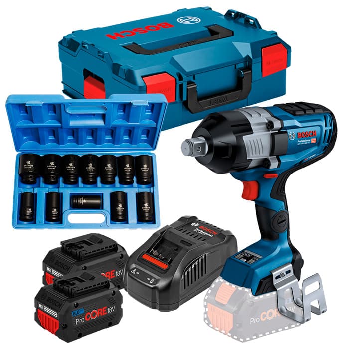 Kit Chave de Impacto 34" Bosch GDS 18V-1600 HC + 2 Baterias ProCore 18V 8Ah + Carregador + Maleta + Jogo Soquete