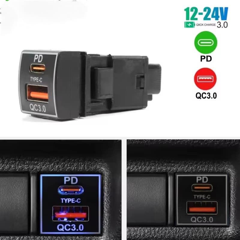 Carregador De Carro 12V PD QC3.0 USB Porta Dupla Telefone Rápido Com Indicador Azul LED Adaptador De Tomada Embutida Par