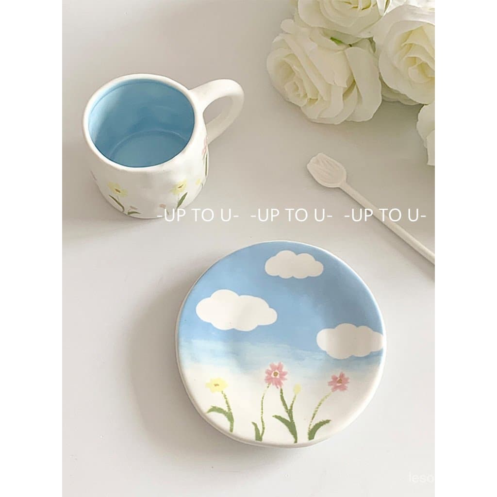 Xícara de café e pires de cerâmica pintados à mão, estilo manga japonês azul francês, particularmente bonitos, adequados