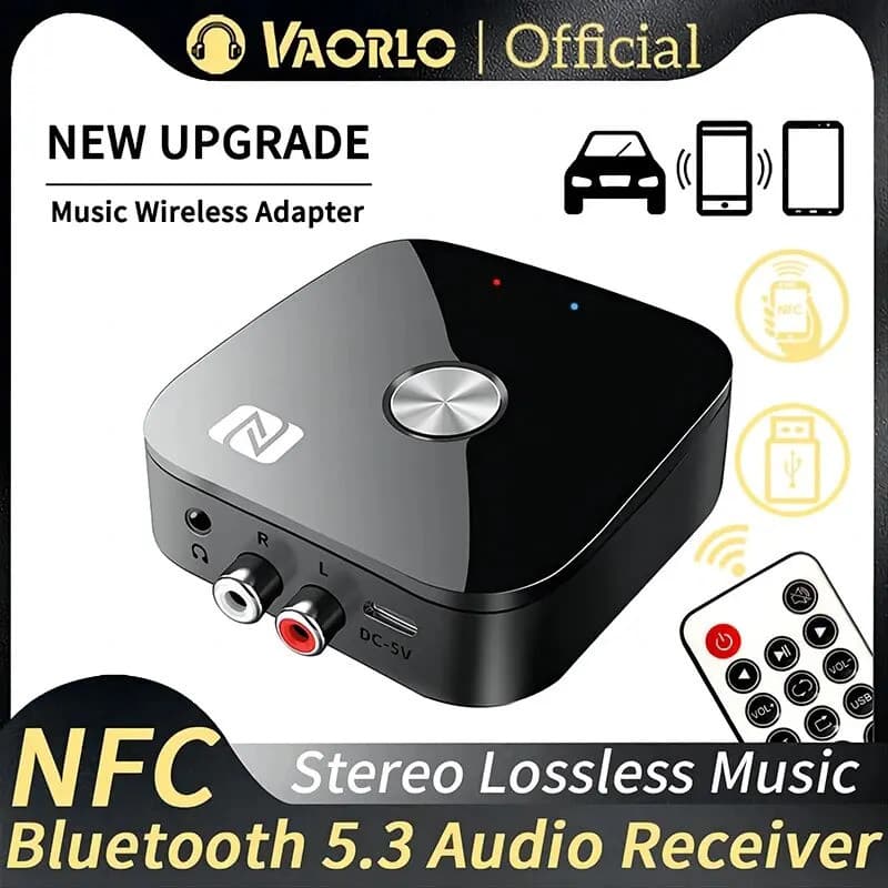 Receptor de Áudio Bluetooth 5.3 NFC 3.5mm AUX R/L RCA Estéreo HIFI Adaptador Sem Fio com Microfone, Reprodução de Disco
