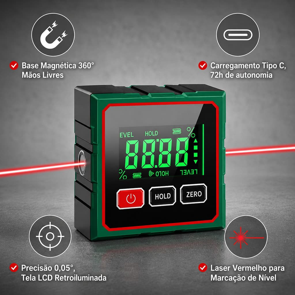 Inclinômetro a Laser Digital 360° Magnético USB Recarregável Medição Dupla